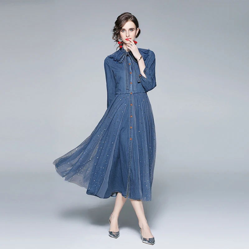 

Free Shipping 2021 Bohemian Long Mid Calf Denim Gauze Patchwork Spring Boshow Wrist Sleeve Jeans Dress Bandage Bow