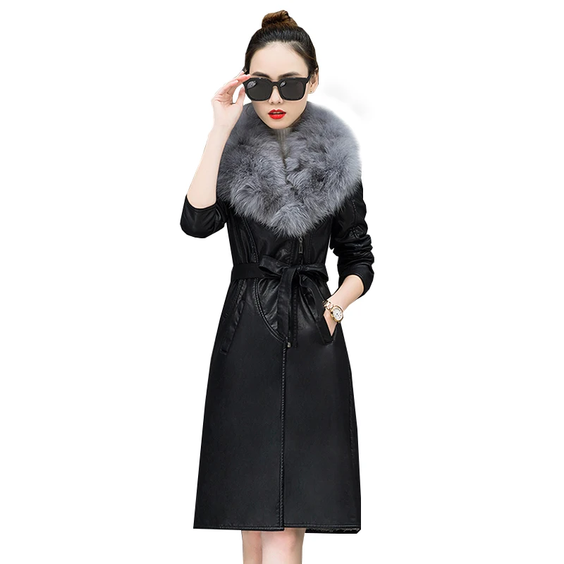

Winter PU Leather Jacket With Fur Collar Women Chic Fashion Silm Plus Size Long Coat Ladies Black Grey Brown Armygreen Jackets