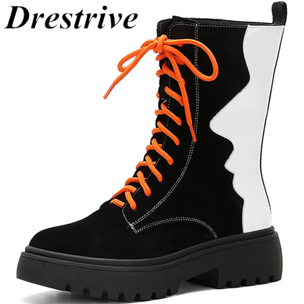 Drestrive женские сапоги до середины икры из коровьей замши на плоской подошве со шнуровкой; модная зимняя обувь на платформе для девочек; нескользящая черная обувь;