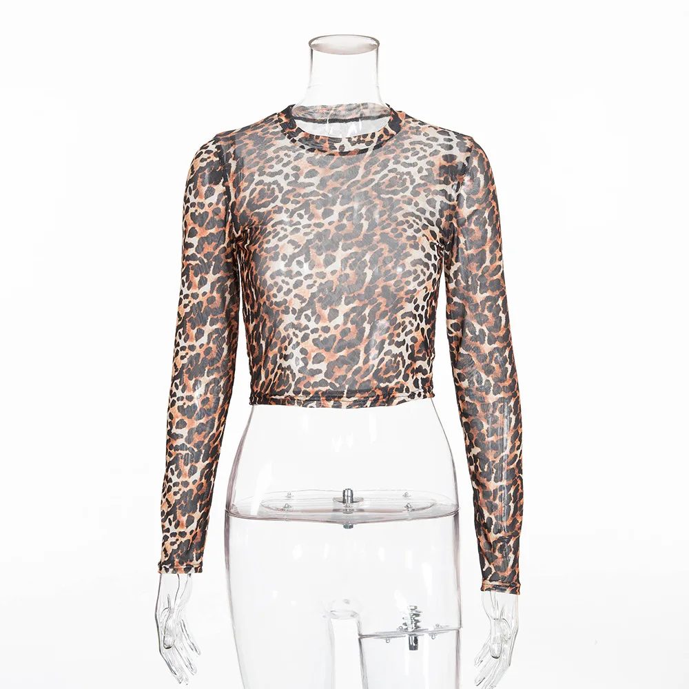 Sexy Leopard Print Long Sleeve Navel Slim T-Shirt Women - Цвет: YL