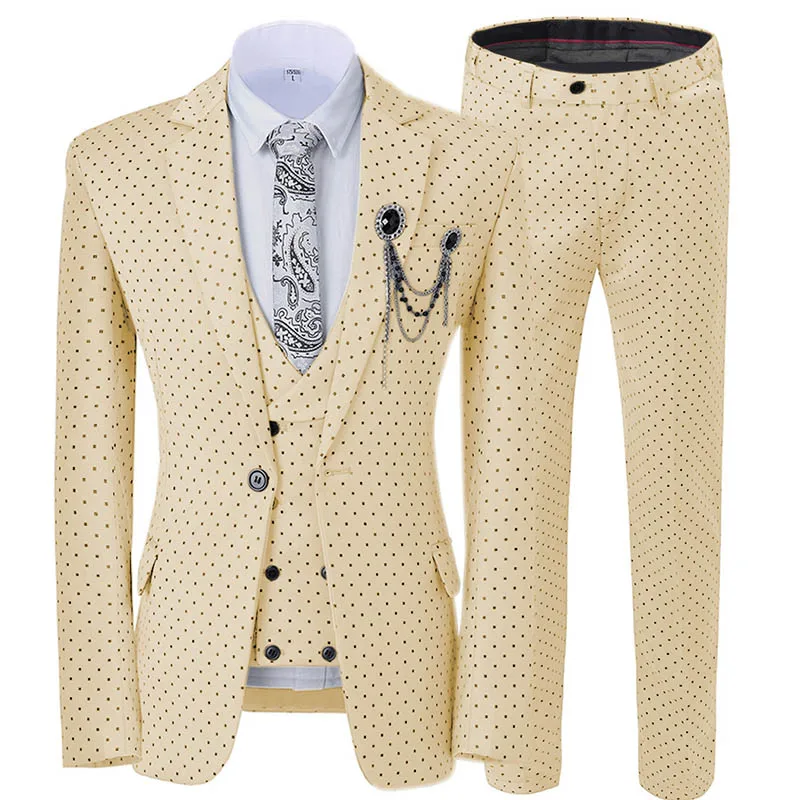 

2019 new Men's Wedding Suit Three Pieces dots Printed Slim Fit Notch Lapel Tuxedos Tailcoat Best Men Double Breasted Vest