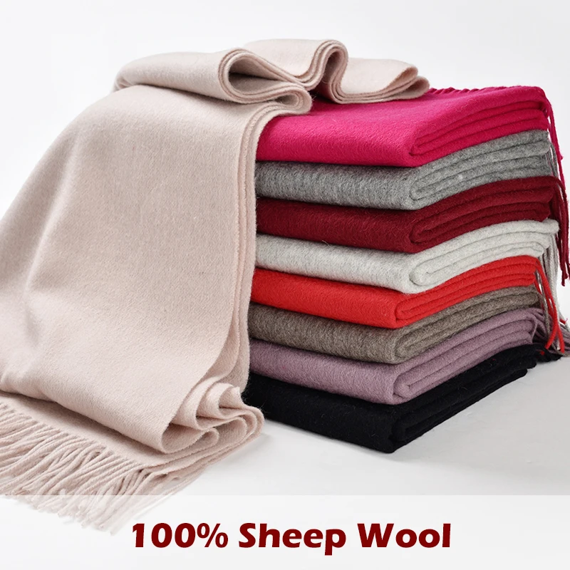 

Luxury 100% Sheep Wool Scarf Women 2019 Winter Fall Thicken Pure Wool Shawls Ladies Warm Tassels Large All-Match Fine Wool Scarf