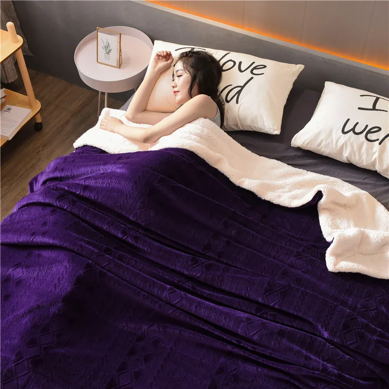 Тисненые кашемировые одеяла для кровати queen King мягкие уплотненные двухсторонние шерпа теплые покрывала для кровати двухслойные для отдыха композитные - Цвет: Purple