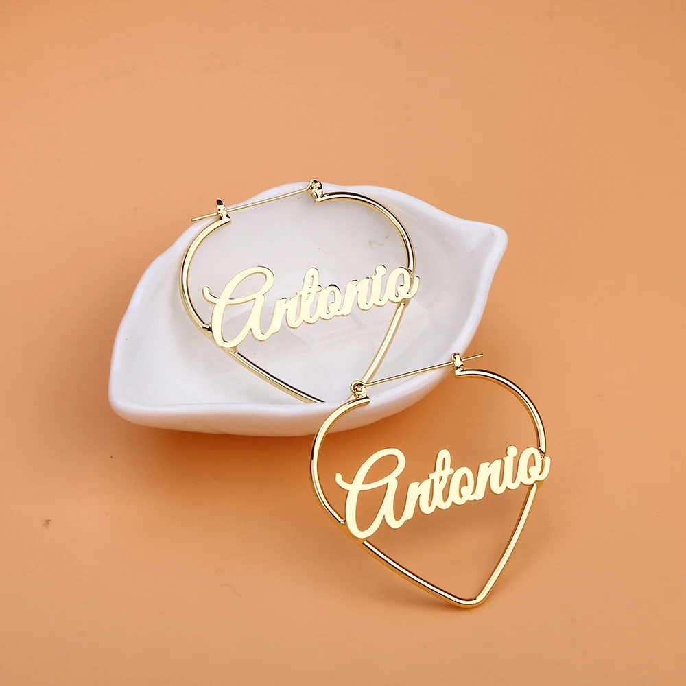 DOREMI 50MM Custom Name Earrings Jewelry Personality Name Heart Earrings Stainless Steel Earrings For Women Nameplate Girl
