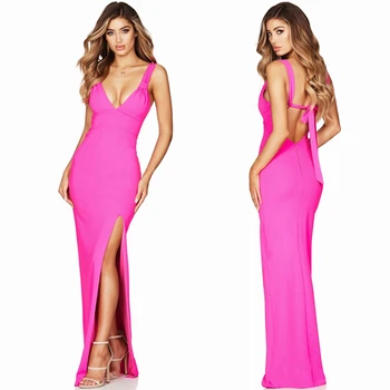 

2019 Newest Women Khaki Black Green Rose Red Spaghetti Strap Sexy High Split Long Maxi Bandage Dress Backless Celebrity Party