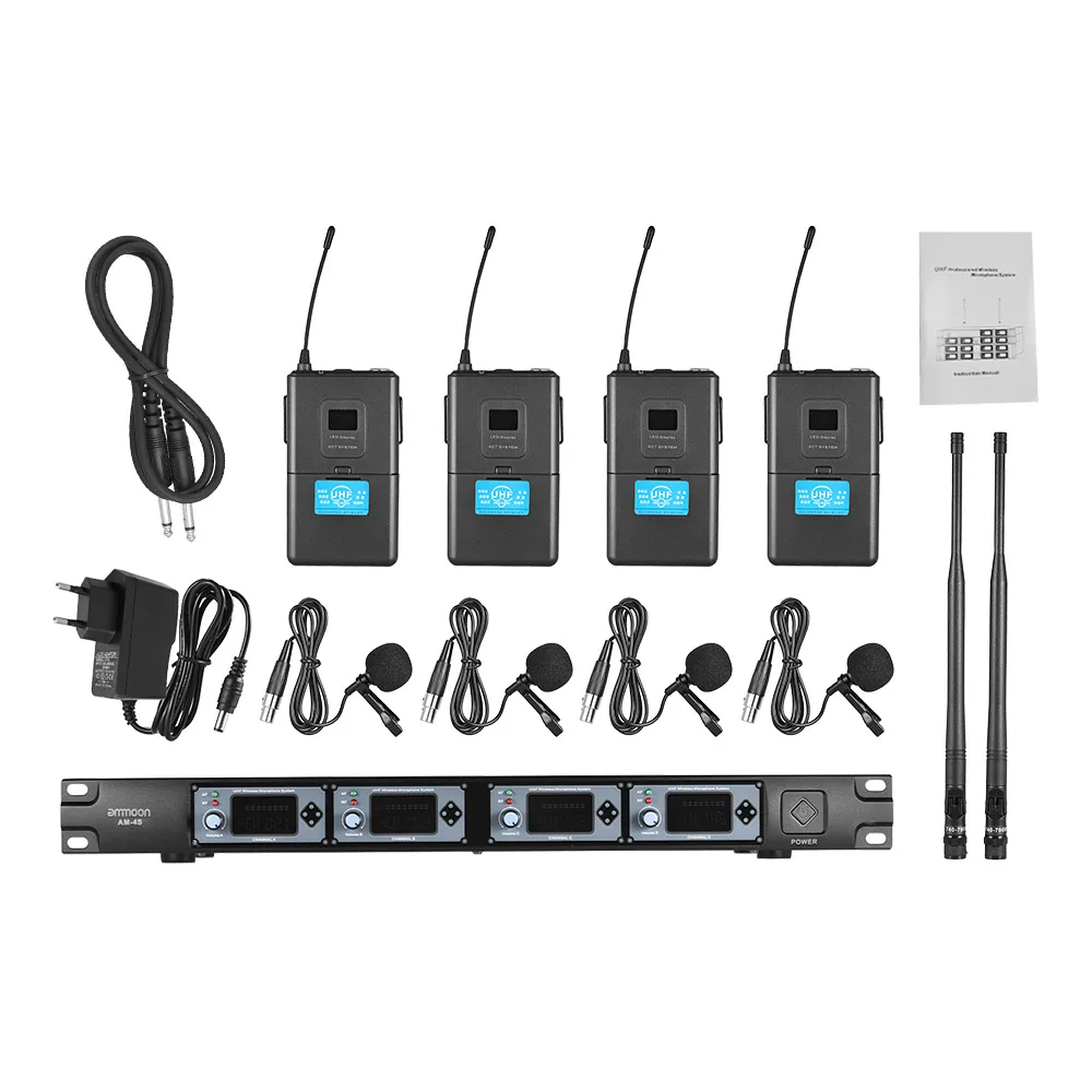 

4S Professional 4 Channel UHF Wireless Lavalier Lapel Collar Clip-on Microphone System 4 Mics 1 Wireless Receiver