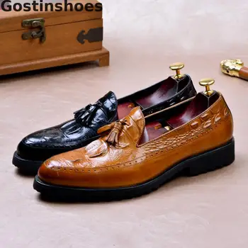

Men Leather Shoes Crocodile Printed Genuine Cow Leather Dress Business Shoes Formal Office Shoes Tassel Decorated Men Shoes Slip