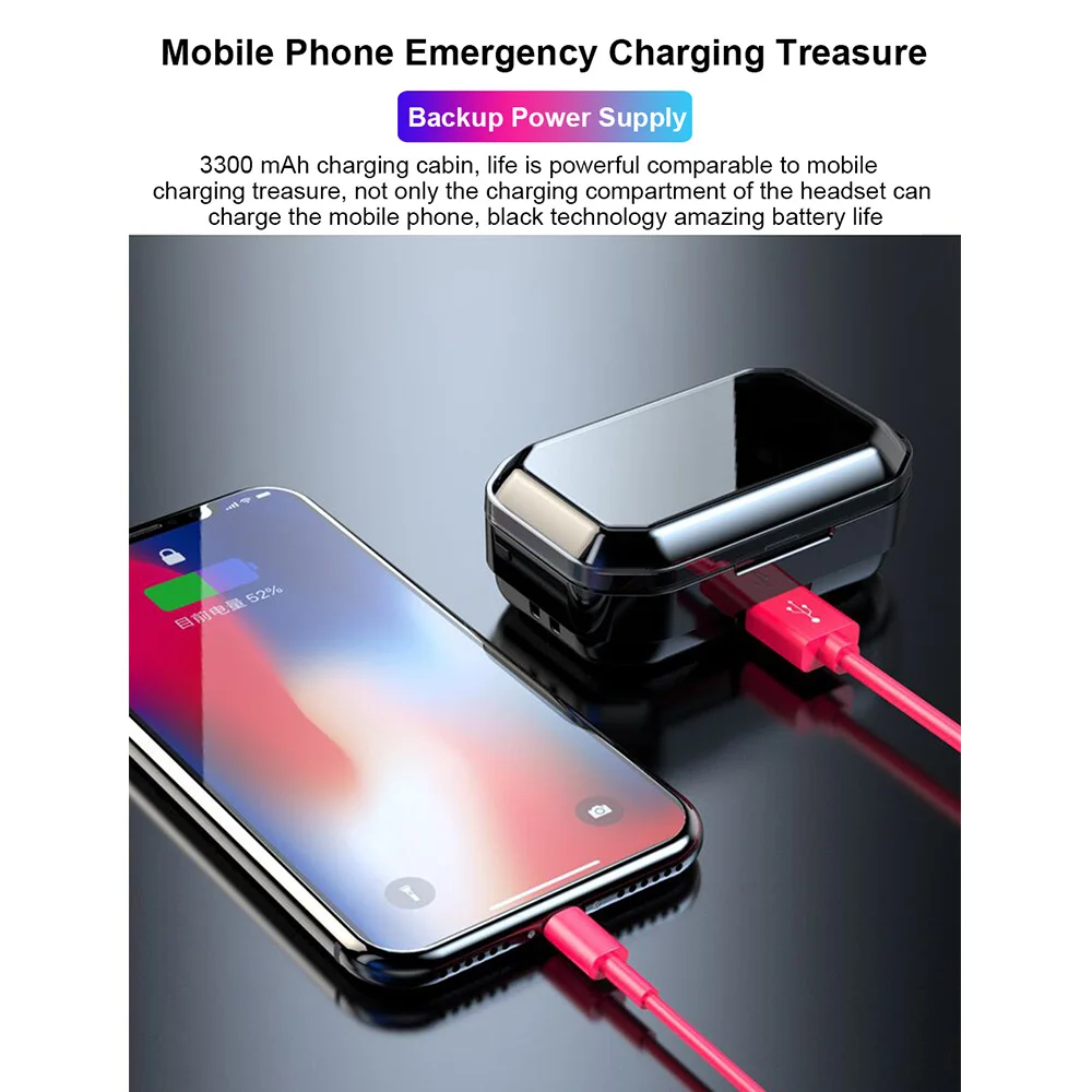 G02 Bluetooth Earphone 9D Stereo Wireless Earphones BT5.0 Twin IPX7 Waterproof Earphones 3300mAh LED Digital Smart Power Bank