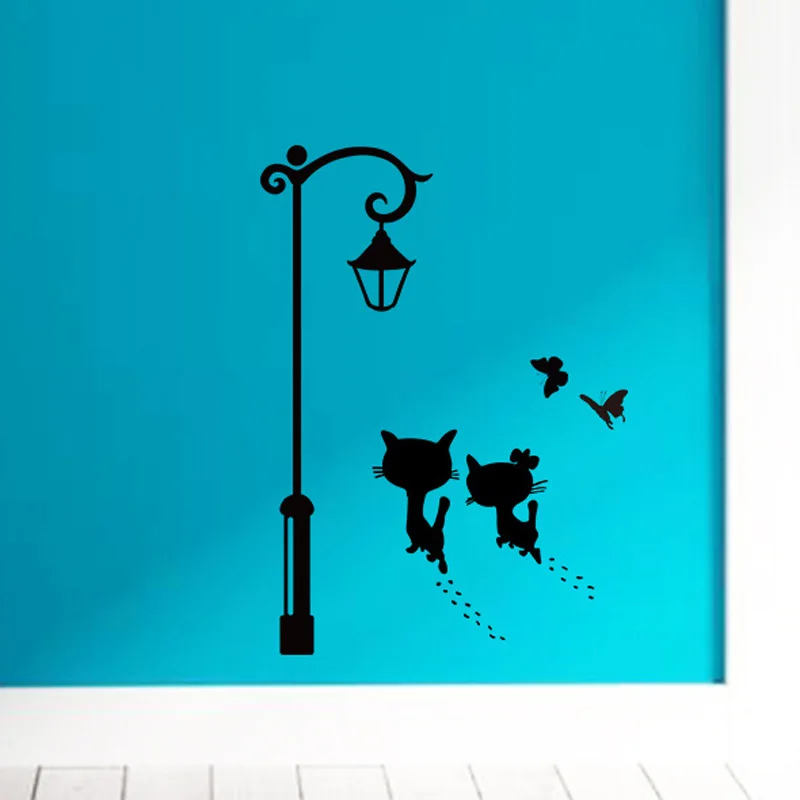 

Cute Cat walking under the street light wall sticker Living room Bedroom cupboard decoration Mural Art Decals stickers Wallpaper