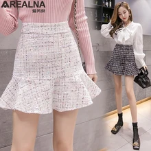 Зимние элегантные юбки, женские черные твидовые мини-юбки русалки, сексуальная короткая юбка с высокой талией, Женская Офисная клетчатая рубашка, Jupe Femme