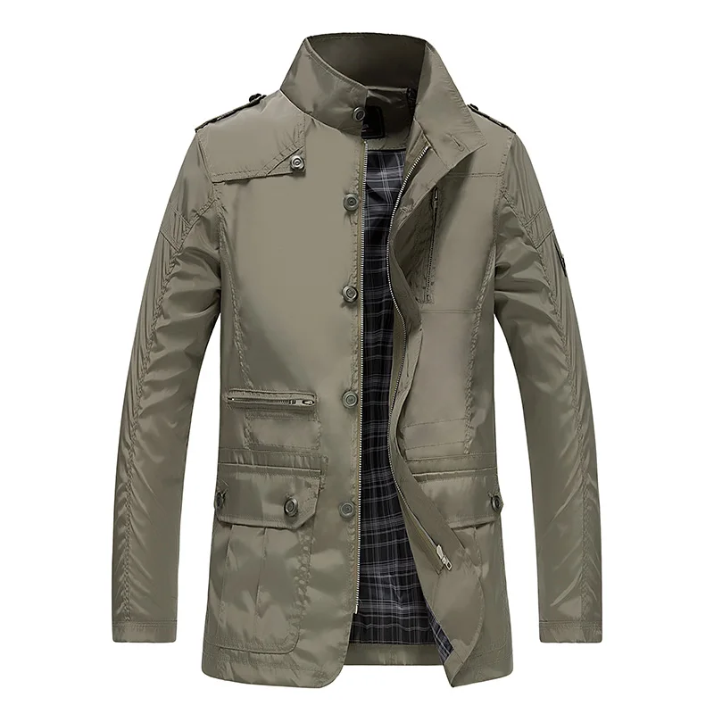 Khaki Jacket Классический длинный Мужской плащ для лета, тонкий мужской Повседневный хаки на молнии, ветровка, уличная верхняя одежда, мешковатая университетская куртка - Цвет: Khaki Jacket