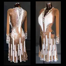 Латинское Платье для латино-американских танцев костюм танцевальное платье beigeand белая бахрома прозрачная сетчатая ткань сексуальная танцевальная одежда