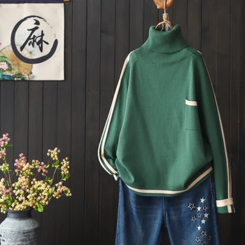 

Autumn Winter 2019 New Fashion Women Turtleneck Sweater Loose Casual Patchwork Pullovers Female Knitted Sweaters 5 colour S266