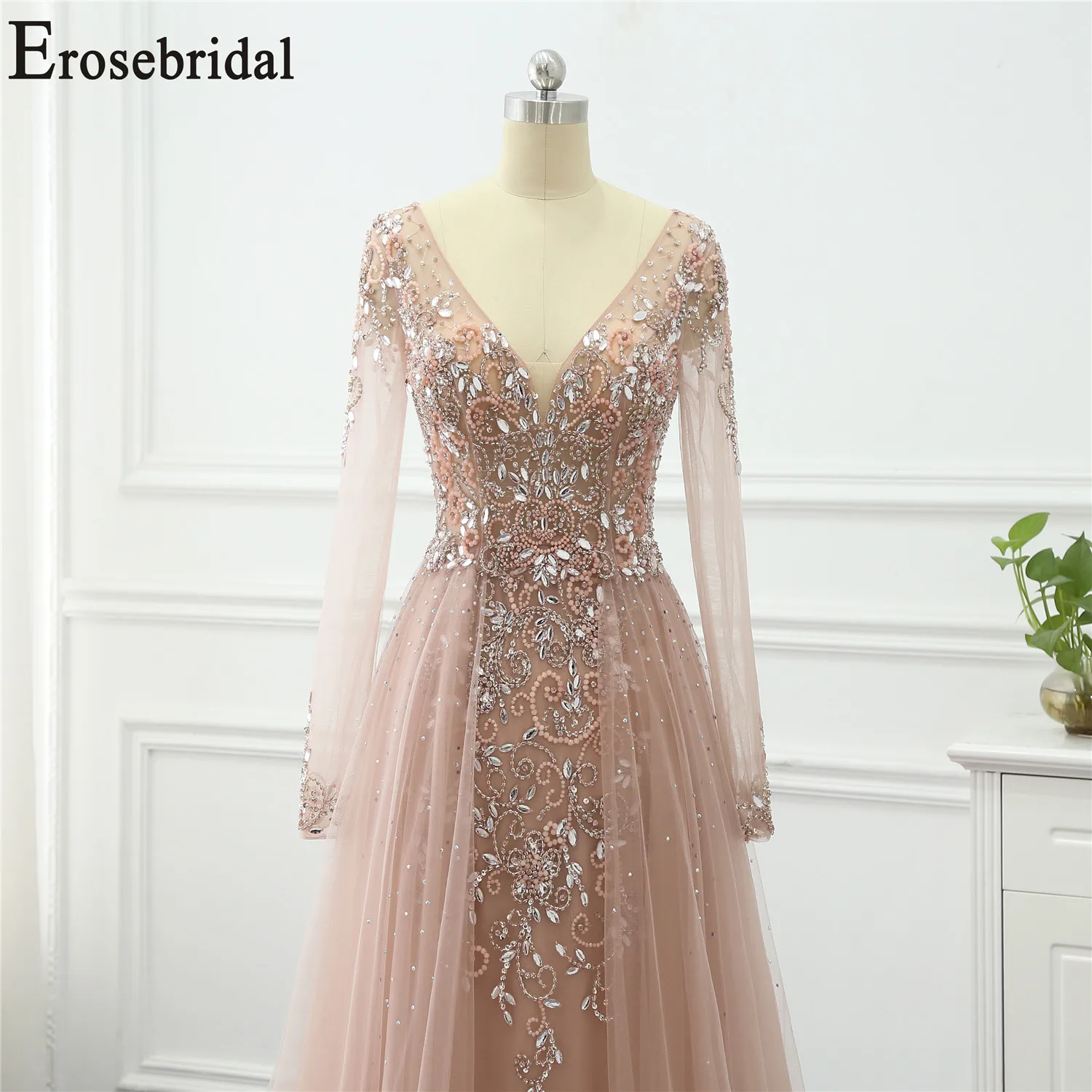 Günstige Erosebridal Perlen Elegante Abendkleid Lange 2019 Langarm Formale Kleider Abendkleider für Frauen mit Zug