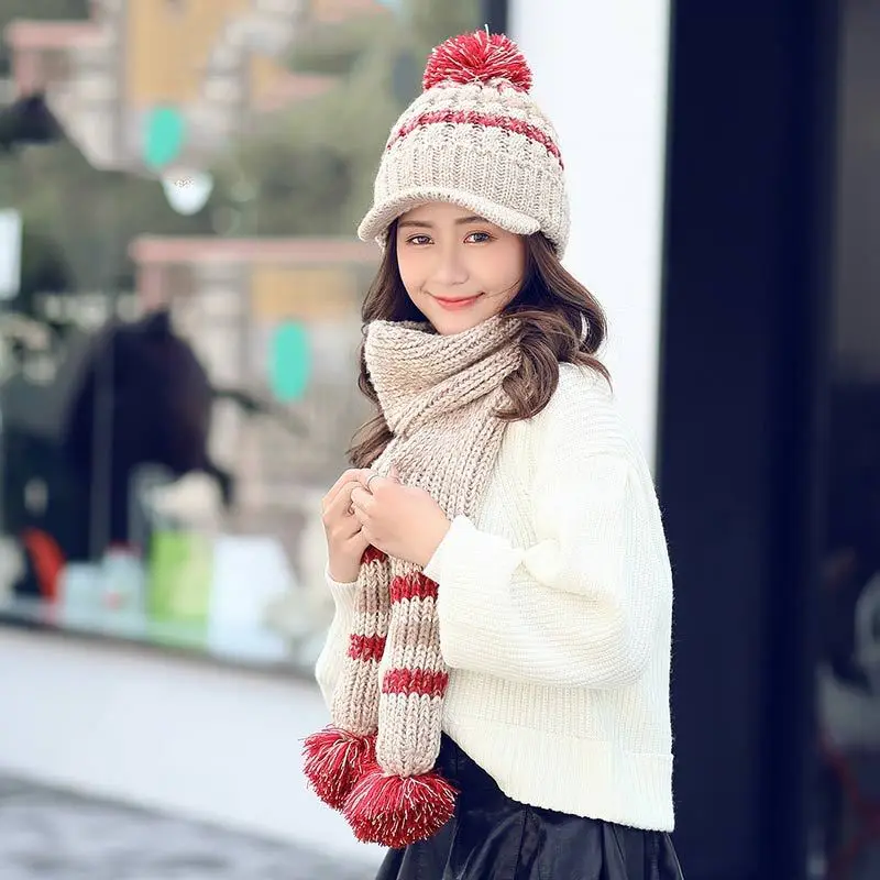 Зимняя женская шапка и шарф-перчатка, комплект для женщин, утолщенная шерсть, теплые вязаные шапки и шарфы, Шапка-бини, зимняя женская шапка