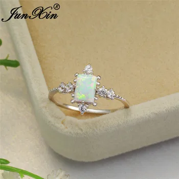 

Cute Small Rectangle White Fire Opal Ring White Gold Filled Wedding Band Rainbow Birthstone Promise Engagement Rings For Women
