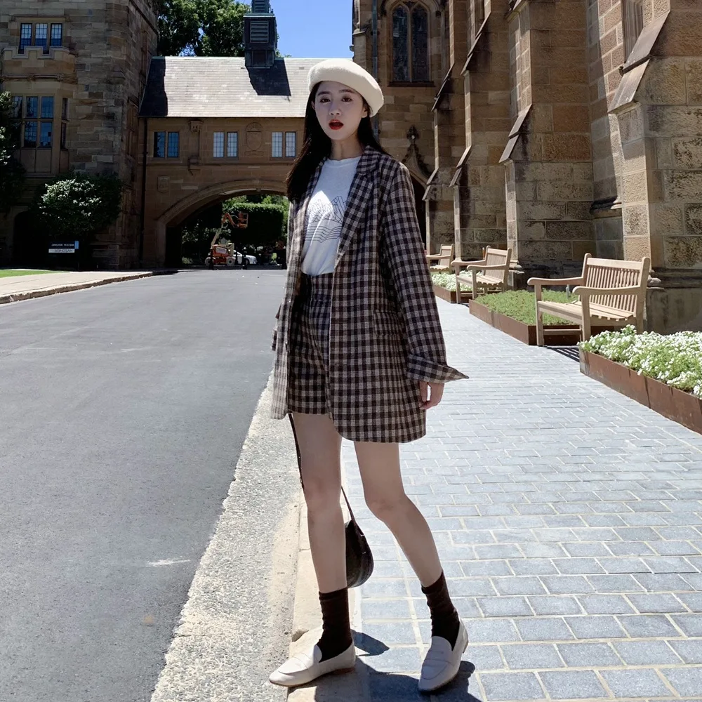 

Photo Shoot 2019 Spring New Style Korean-style WOMEN'S Wear Retro British Style Plaid Suit Jacket Shorts Two-Piece Set