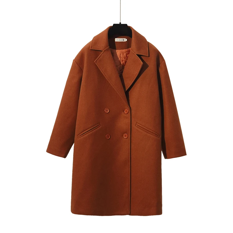 

Winter Coat Women 2020 Fashion Double Breasted Loose Woolen Coat Vintage Long Sleeve Pockets Female Outerwear Chic Overcoat