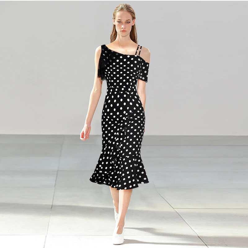 

Black Polka Dot Print Ruffle Summer Irregular Dress Women Vintage Retro Lace Fashion Beach Sundress Sexy Party Dress Robe Femme