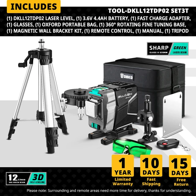 DEKO 12 Lines 3D Green Laser Level Horizontal&Vertical Cross Lines 520nm,Auto Self-Leveling, High-Precision (DKLL12tdP02 Series) DKLL12tdP02-S3-T