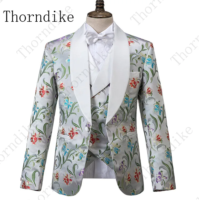 Thorndike мужские серебряные Цветочные костюмы на одной пуговице Выпускной, Свадьба жениха мужские смокинги Костюм(пиджак+ жилет+ брюки) мужской свадебный костюм