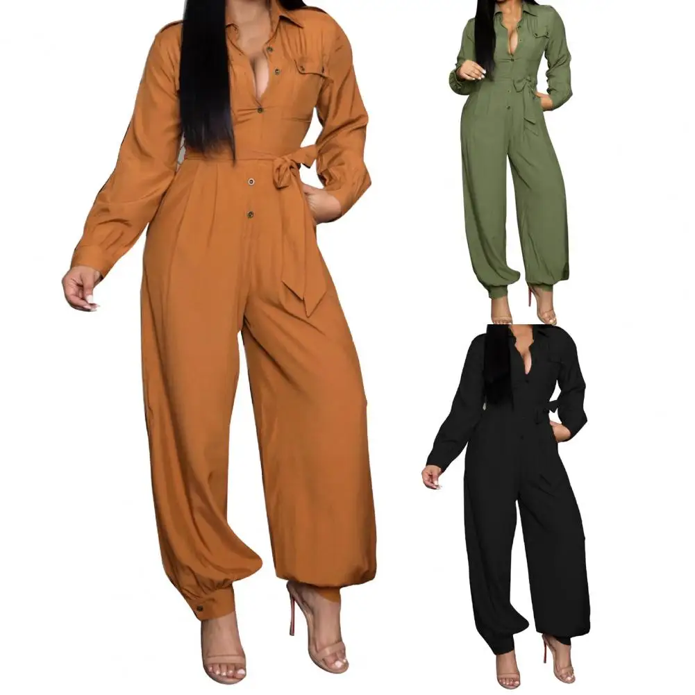 Temperament  Elegant Lapel Full Length Jumpsuit Autumn Women Jumpsuit Single Breasted   for Office