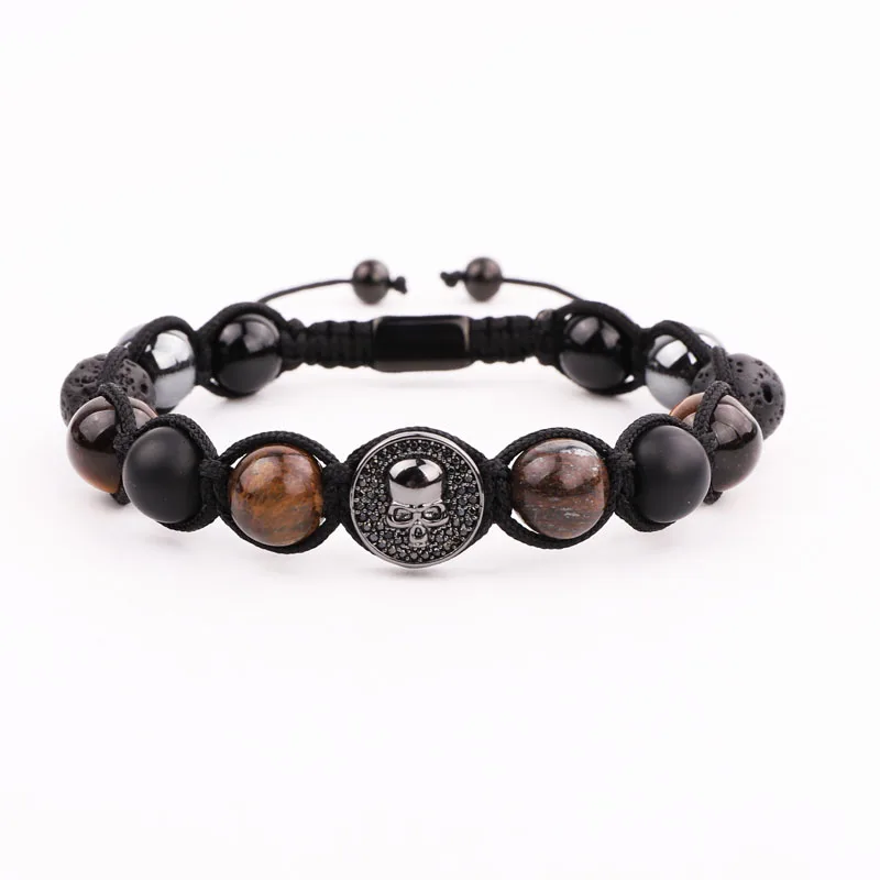 New Fashion Men Bracelet Natural Stone CZ Skull Charm Braided Macrame Bracelet Jewelry Gift Men