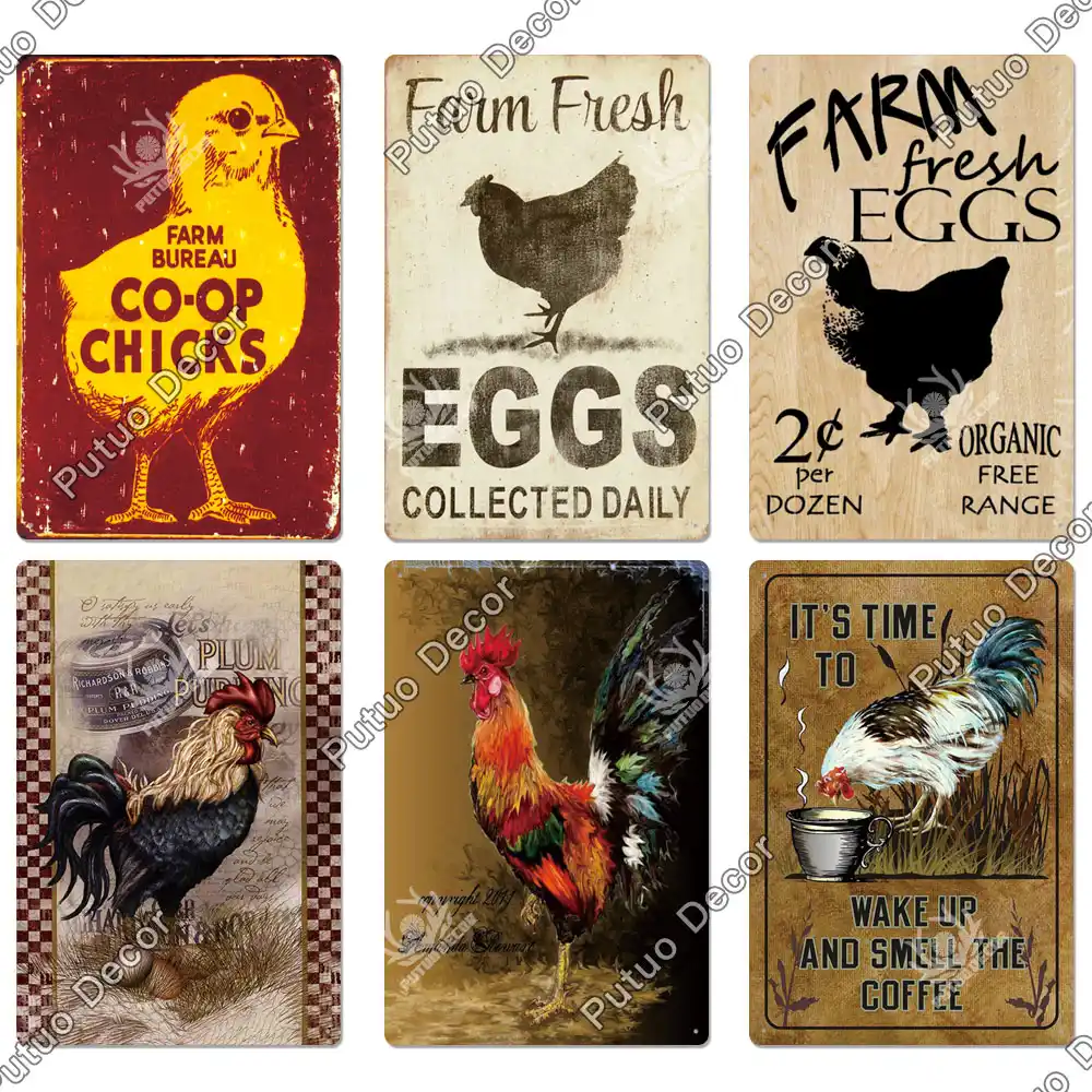 Vintage Farmhouse Tin Metal Sign Farm Rooster Chicken and Eggs Wall Art Decor 