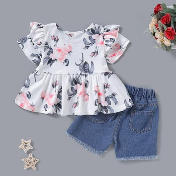 

Summer Tutu Skirt Clothes 2PCS Outfits Kids Baby Girl Clothes Sets New Girls Suit Tops Round Neck Big Flower Print + Denim Hot