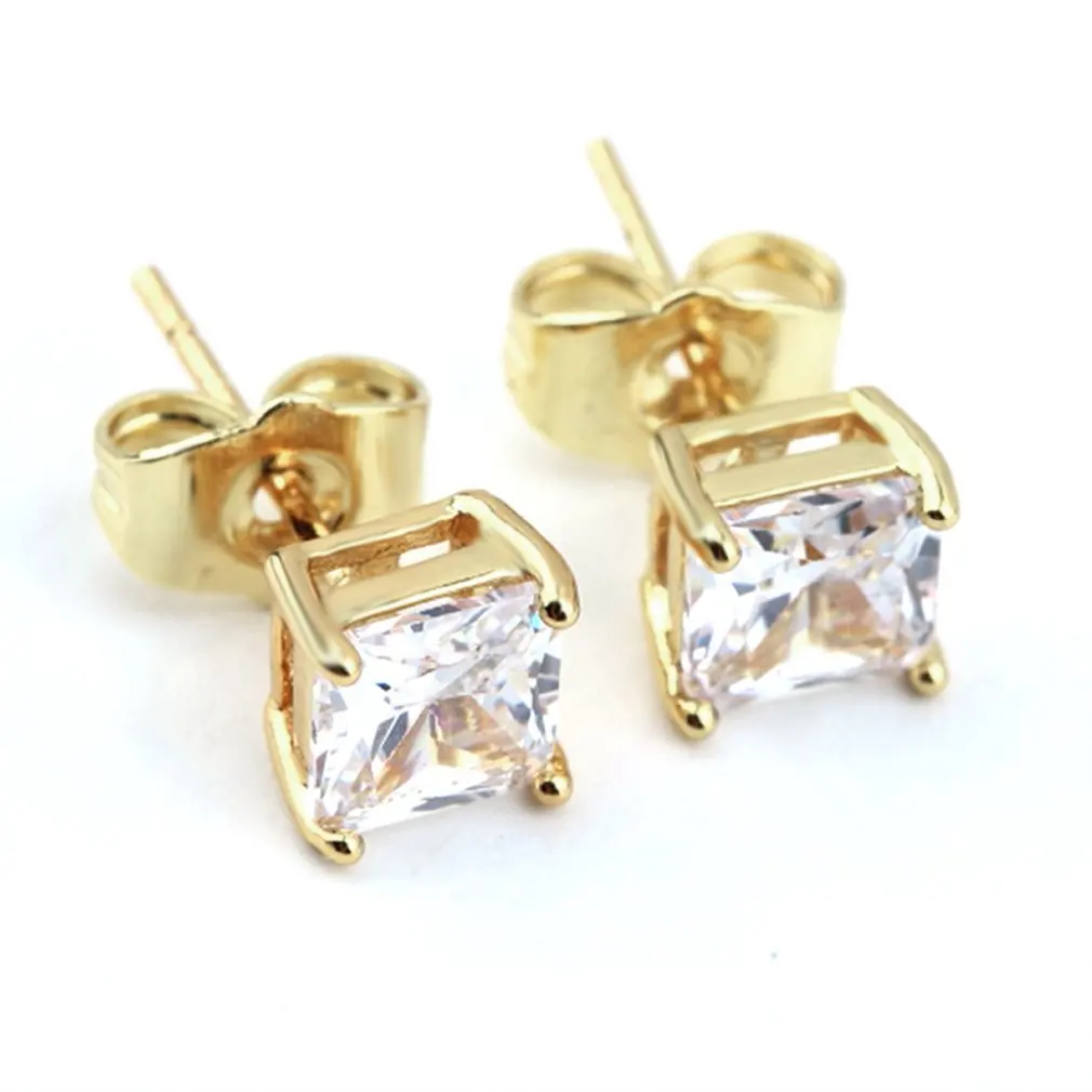

GENBOLI Superb Oor Stub Goud Kleur Clear CZ Vierkante Elegante Glanzende Strass Oorbellen Voor Vrouwen Geschenken A05