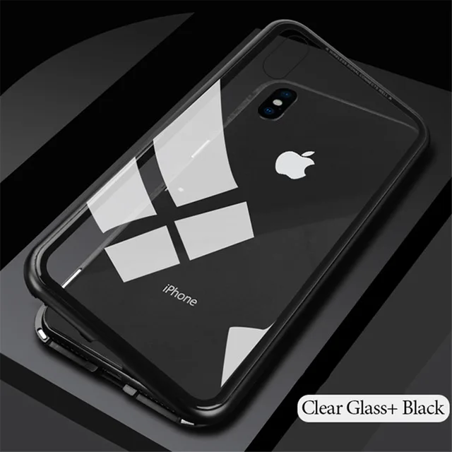 Металлический магнитный адсорбционный стеклянный чехол для iphone XR X XS 8 7 Plus 6 6S 11 Pro Max чехол для телефона для iphone 11 чехол - Цвет: Black