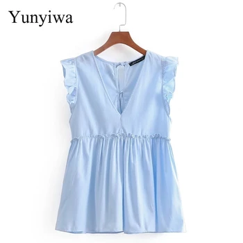 

Women Sweet V Neck Sleeveless Ruffles Pleated Casual Blouse Elegant Agaric Lace Shirt Blusas Back Bow Tied Brand Tops
