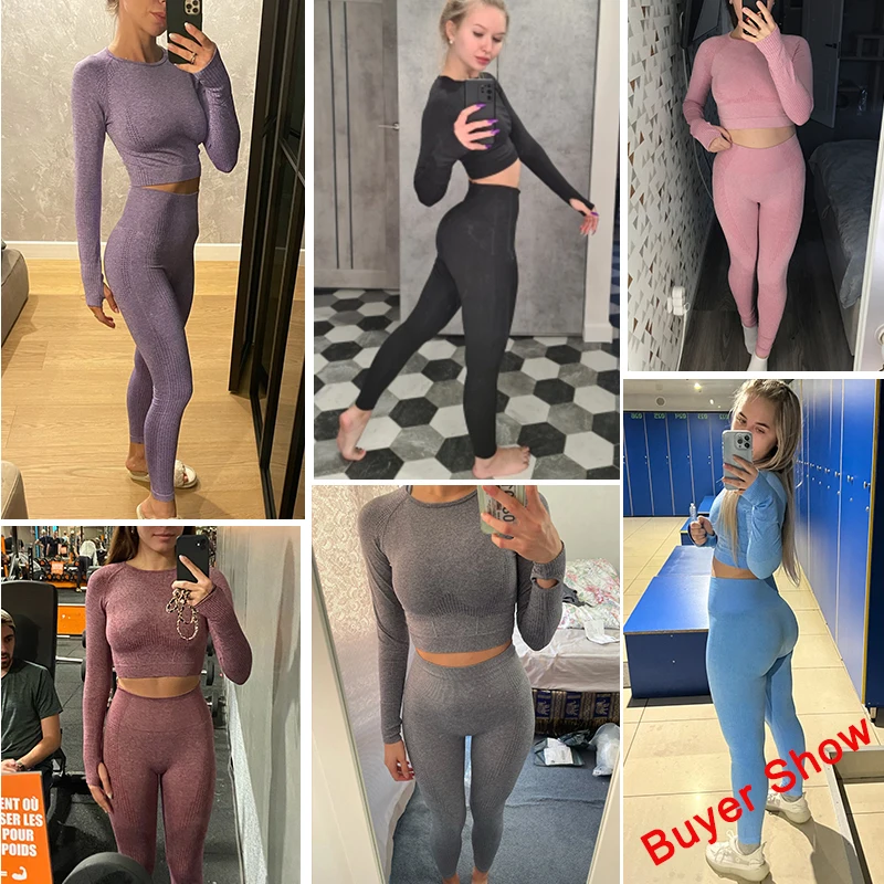 Yoga Set Sports Set Gym Workout Set Sportswear Set Seamless Yoga Set Sports 2 Piece Set Women Clothing Long Sleeve Gym Crop Top High Waist Leggings Workout Fitness Sportswear