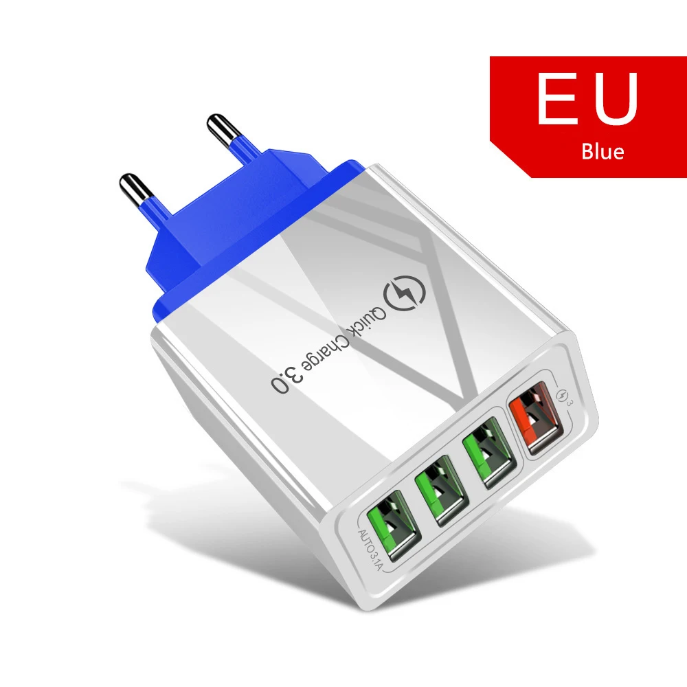 60 Вт Быстрая зарядка 3,0 USB зарядное устройство для телефона настенное 4 порта QC3.0 Быстрая Зарядка адаптер для iPhone X samsung s9 A50 Xiaomi EU US зарядное устройство - Тип штекера: 4U Blue