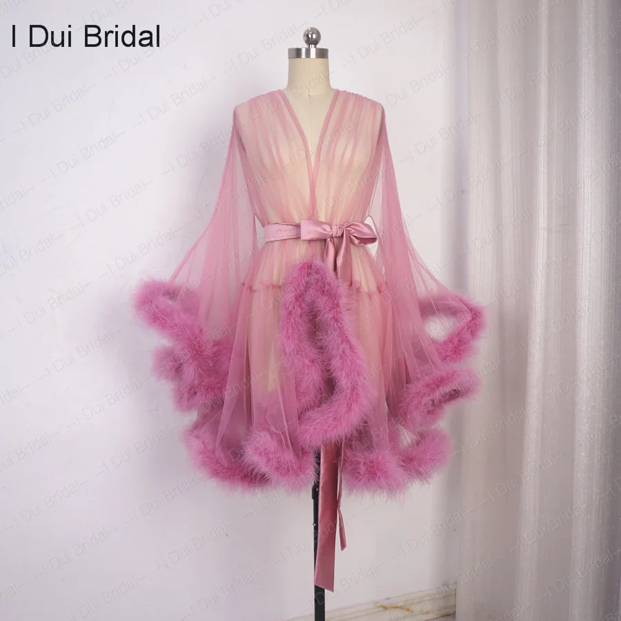 Short Marabou Women Feather Robe Boudoir Sheer Tulle Illusion Birthday Lingerie Set evening dresses