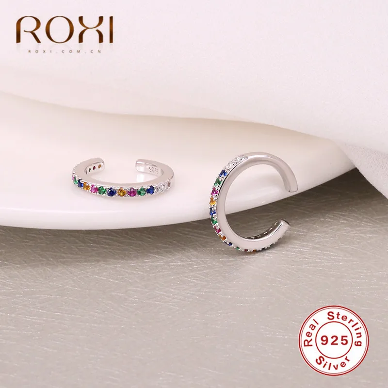 ROXI 925 пробы Серебряная Ушная манжета, не пирсинг, серьги, форма C, Радужный кристалл, клипсы, серьги для женщин, модное ювелирное изделие, серьги-манжеты