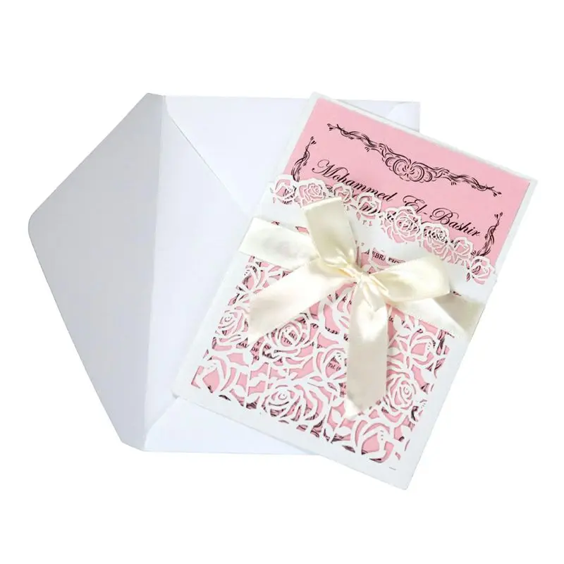  10pcs/set Glitter Hollow Rose Invitations Cards Cover Kits With Bow Ribbon For Wedding Bridal Showe - 4.00036E+12