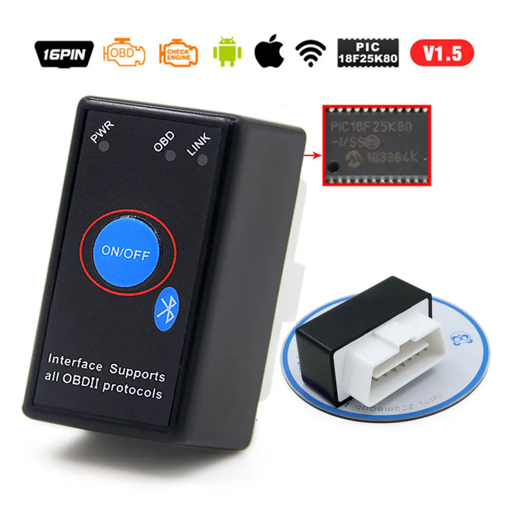 ELM327 Bluetooth-compatible V1.5 PIC18F25K80 ATAL & ATPPS 4mHz crystal wifi elm327 for Android/IOS/PC Torque OBDII code reader best car inspection equipment Code Readers & Scanning Tools