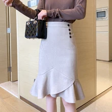 

Autumn Elegant Women Skirt High waist Button Irregular Ruffles Trumpet Buttocks Casual Slim female woolen skirt 2020 HOT