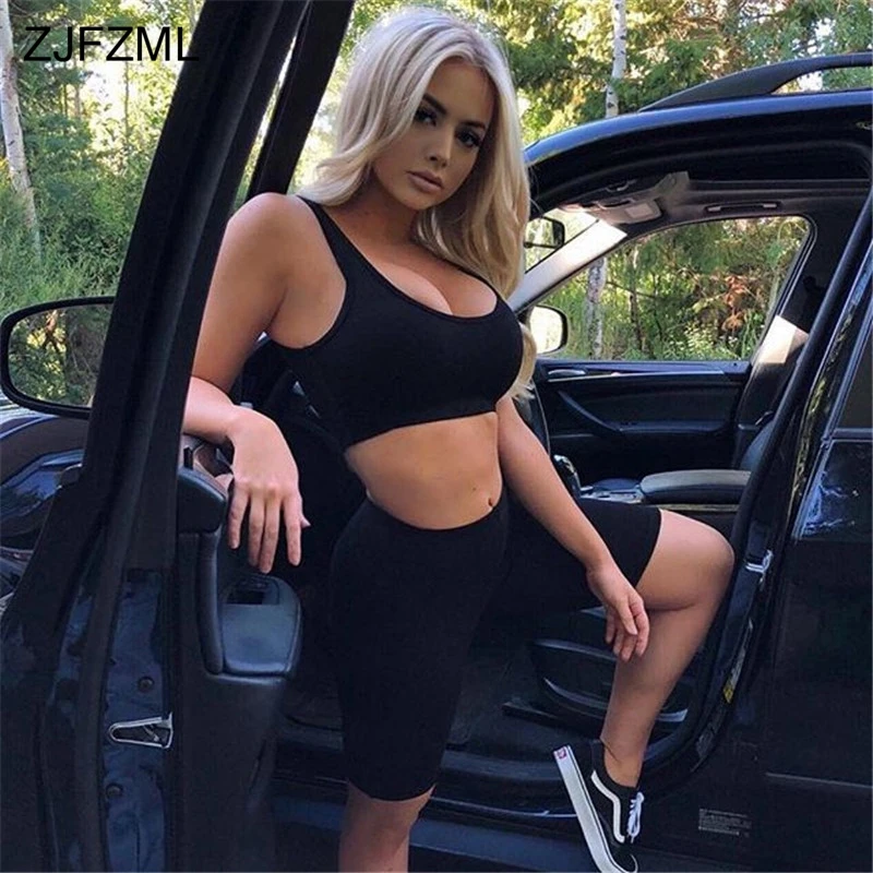 

ZJFZML Summer Two Piece Set Women Clothes Sexy O Neck Sleeveless Crop Top+Bodycon Biker Shorts Casual 2 Piece Sweatsuits Sets