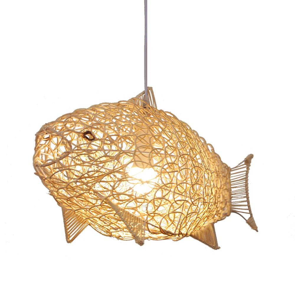 

Creative Fish Pendant Lights Hand Woven Rattan Hanging Lamps Restaurant Bedroom Bar Industrial Light Fixture Home Decoration