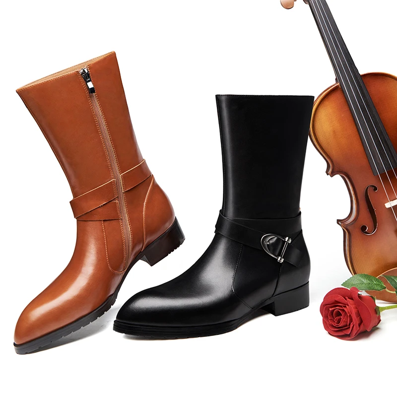 

Winter Autumn new mens genuine leather boots high heels fashion pointed toe zipper inside plush warm men boots cowboy long boot