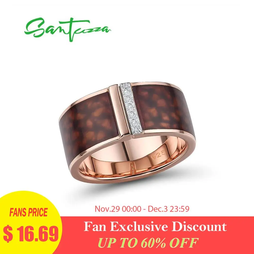 

SANTUZZA Silver Rings For Women Pure 925 Sterling Silver Brown Round Shine Cubic Zirconia Trendy Fine Jewelry Handmade Enamel