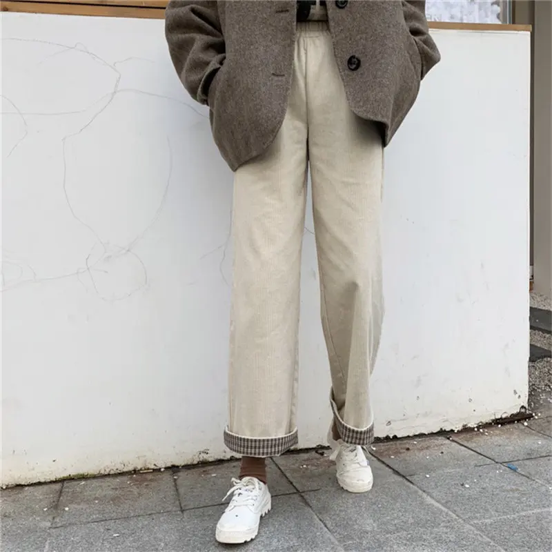 Hzirip New Corduroy High Waist Slender Fashion Streetwear Elastic Waist Casual Brief Students All-Match Loose Wide Leg Trousers - Цвет: APRICOT