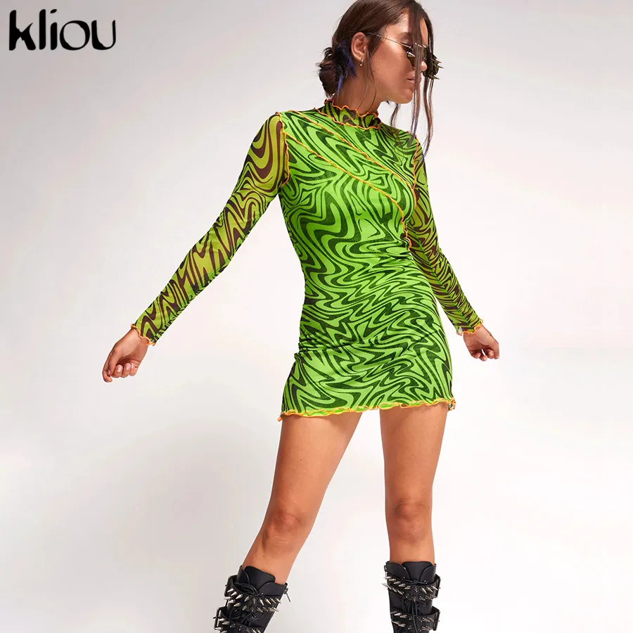 Kliou Fall Sexy Club Dresses women Fashion Print High Neck ruffles Long Sleeve Mini slim Bodycon Dress sexy mesh fabric