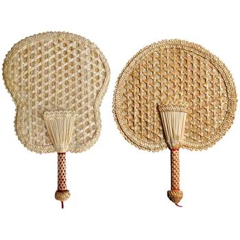 

2x Straw Hand Fan Old Summer Natural Hand Fan Environmentally Friendly Hand-Woven Fan Decorative Banana Fan & Round Fan