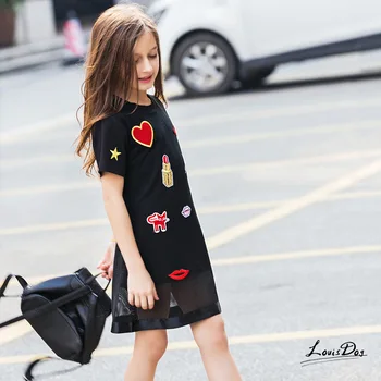 

Fashion Kids Girls Dress for Teenager Girl Summer Casual Dress 3-14 Years Love Applique Black Dresses Children Girls Clothes