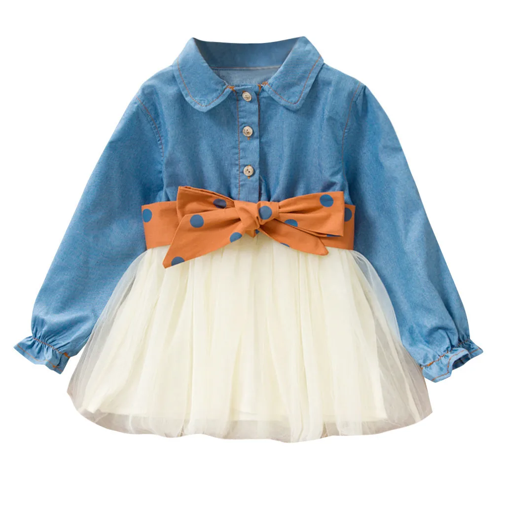 Детское джинсовое платье принцессы из тюля с длинными рукавами в стиле пэчворк с поясом для маленьких девочек; сезон осень-зима; милое Повседневное платье; одежда