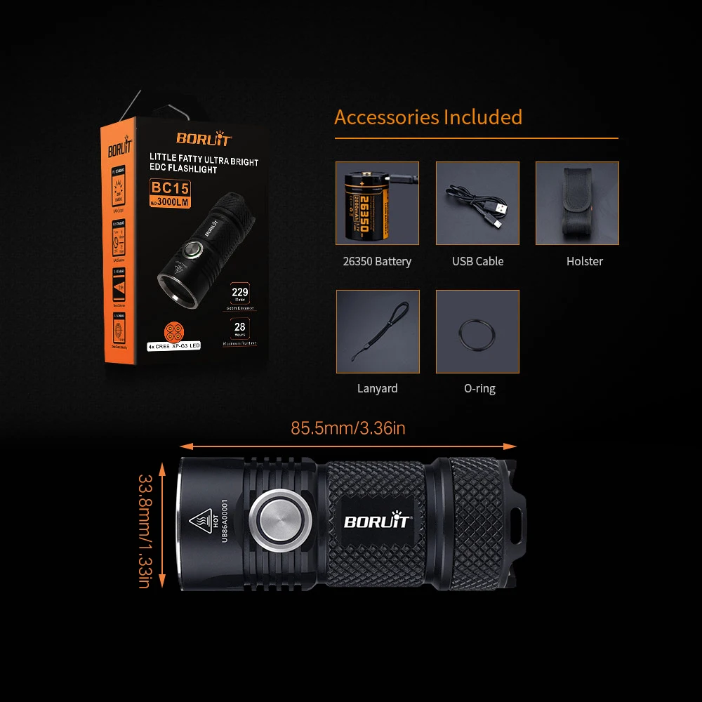  BORUiT BC15 4*XPG3 3000LM Powerful LED Flashlight USB Rechargeable 26350 6-Mode Super Bright Torch  - 4000346365642