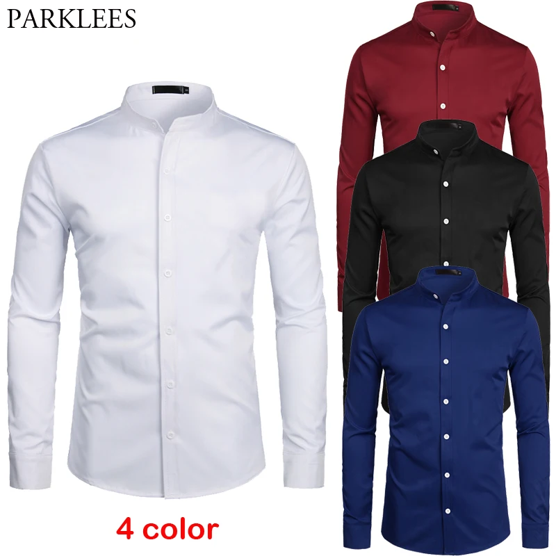 Dress Shirt Chemise Banded-Collar Slim-Fit Long-Sleeve Casual-Button White Mens Business